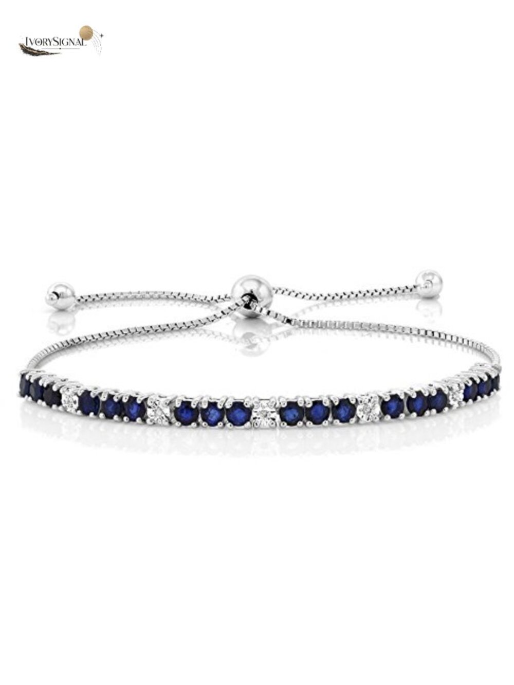 Sterling Silver Tennis Bracelet with Blue Sapphire and Diamond Adjustable 9 Inch